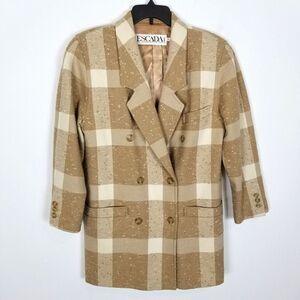 Escada Tan and Cream Plaid Pea Coat